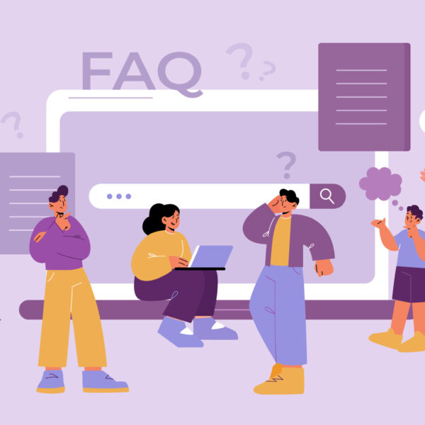 Pensive people ask questions, search answers online. Vector flat illustration of FAQ page with curious and puzzled characters, laptop, question marks and speech bubbles